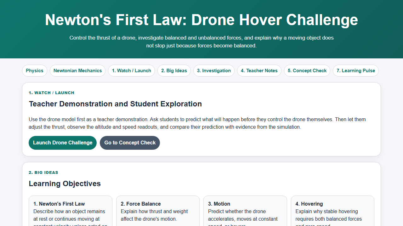 Newton's First Law drone hover challenge simulation showing a physics lesson interface